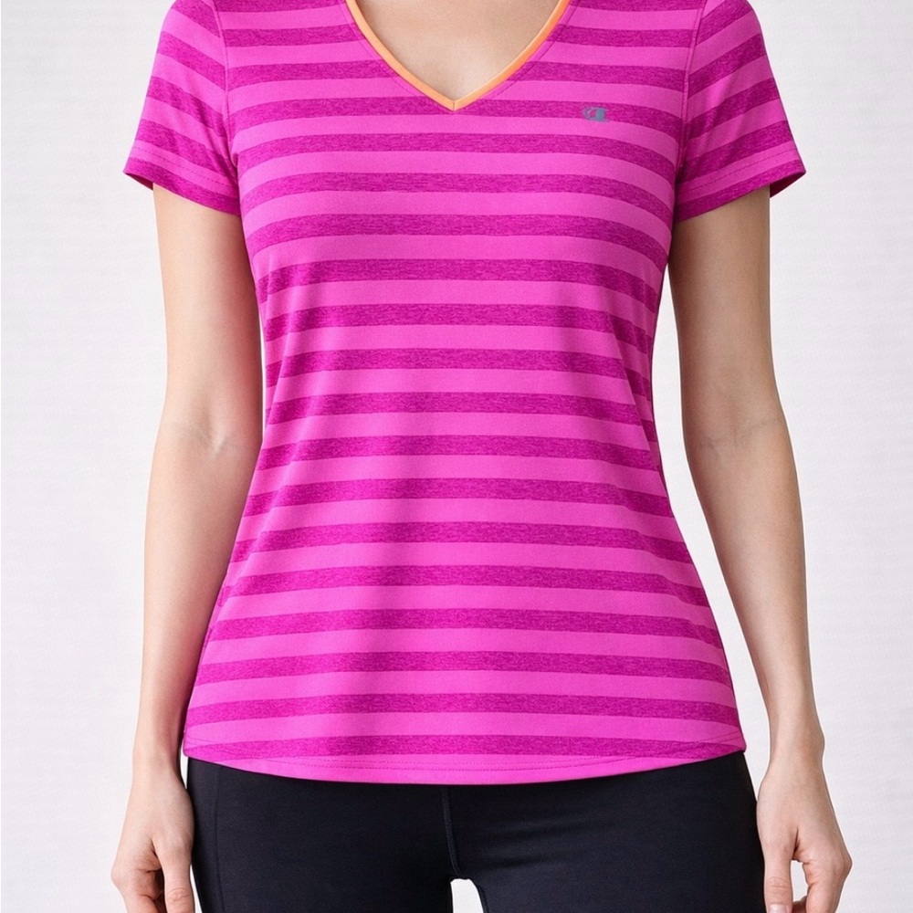 Champion Women’s Pink Striped Athletic Tee S V-Neck Running Workout Top